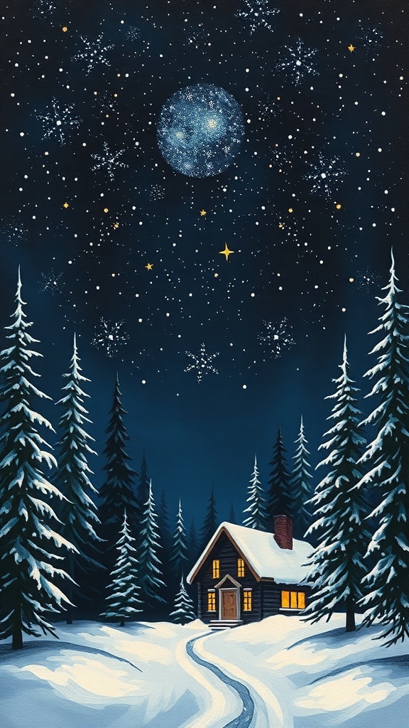 Dark Themed Christmas Paintings A dark Christmas painting of a snowy landscape with a glowing cabin and starry sky.